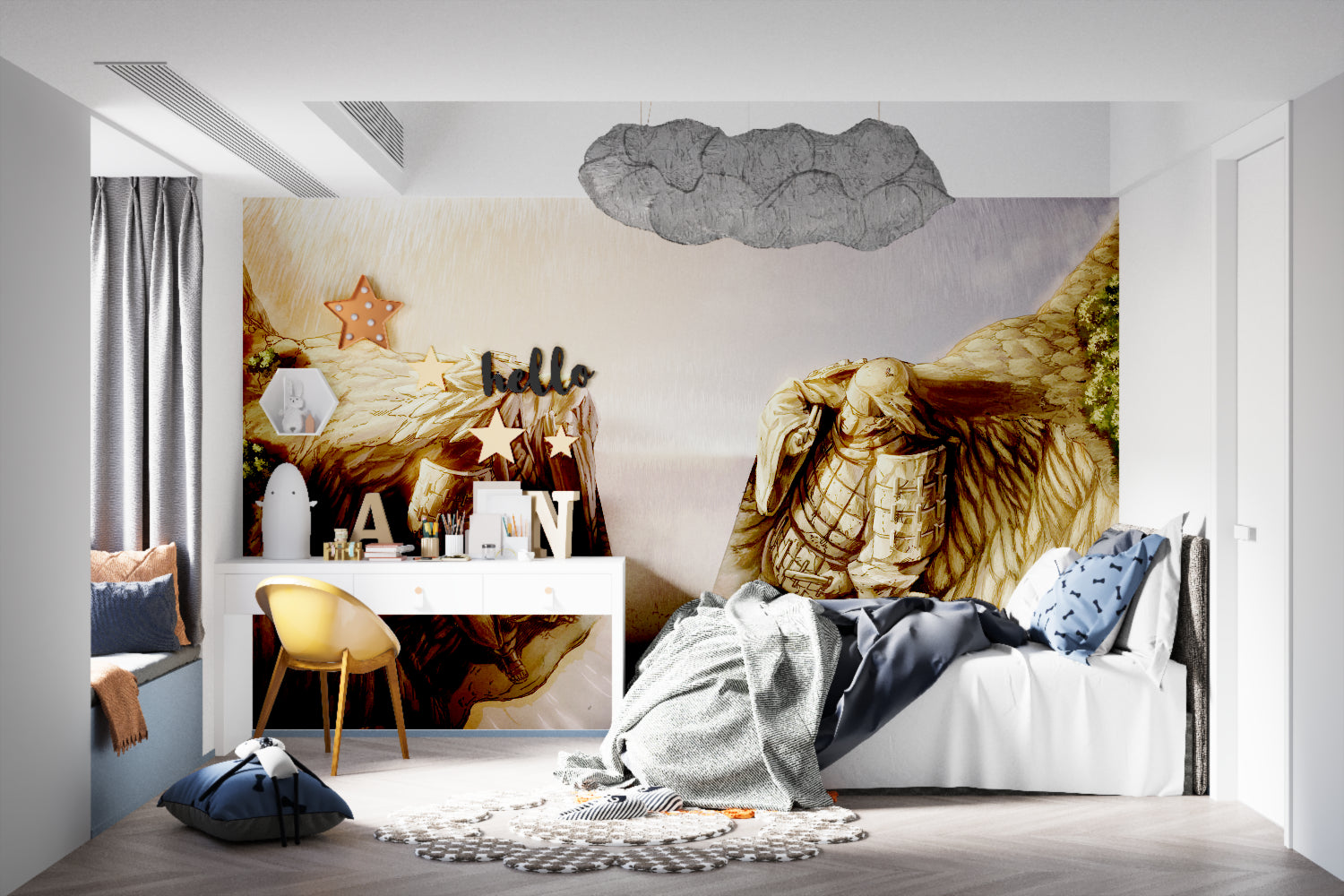 Stone warrior anime wallpaper transforming a teen bedroom with golden accents