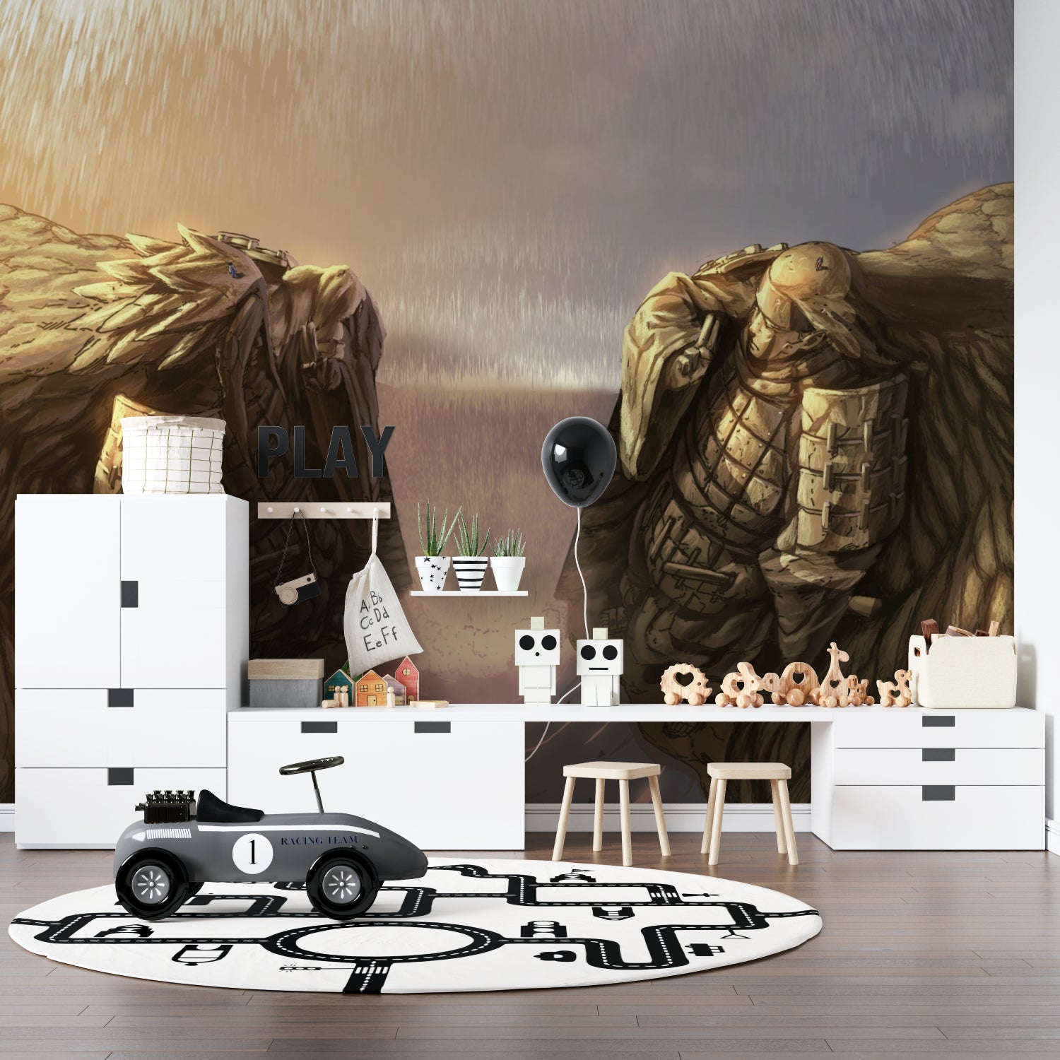 Stone warrior wallpaper creating impact in a modern entertainment room