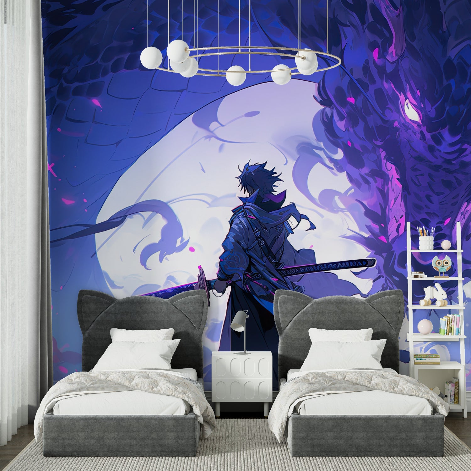 Mystical anime wallpaper installed in teen bedroom showing dramatic blue and purple tones