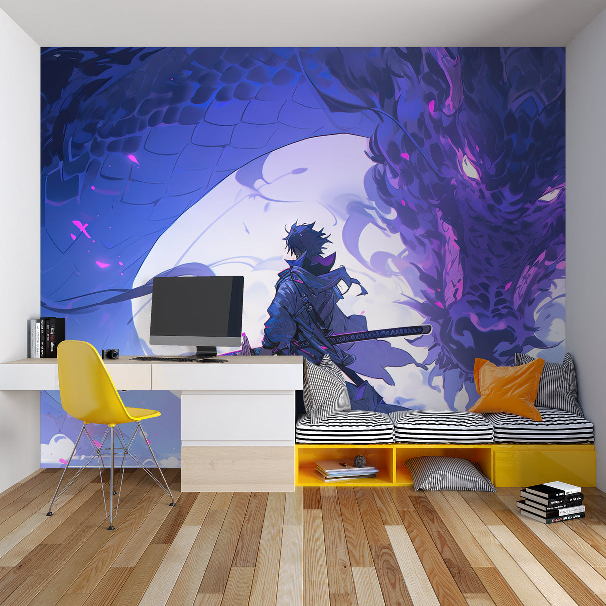 Dragon Warrior anime wallpaper making statement in minimalist entertainment room