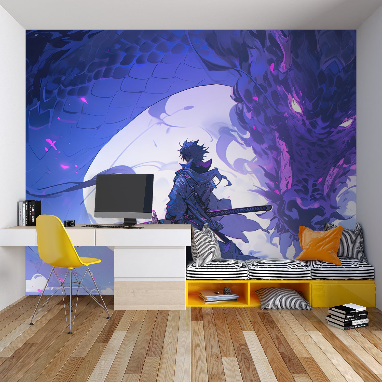 Dragon Warrior anime wallpaper making statement in minimalist entertainment room