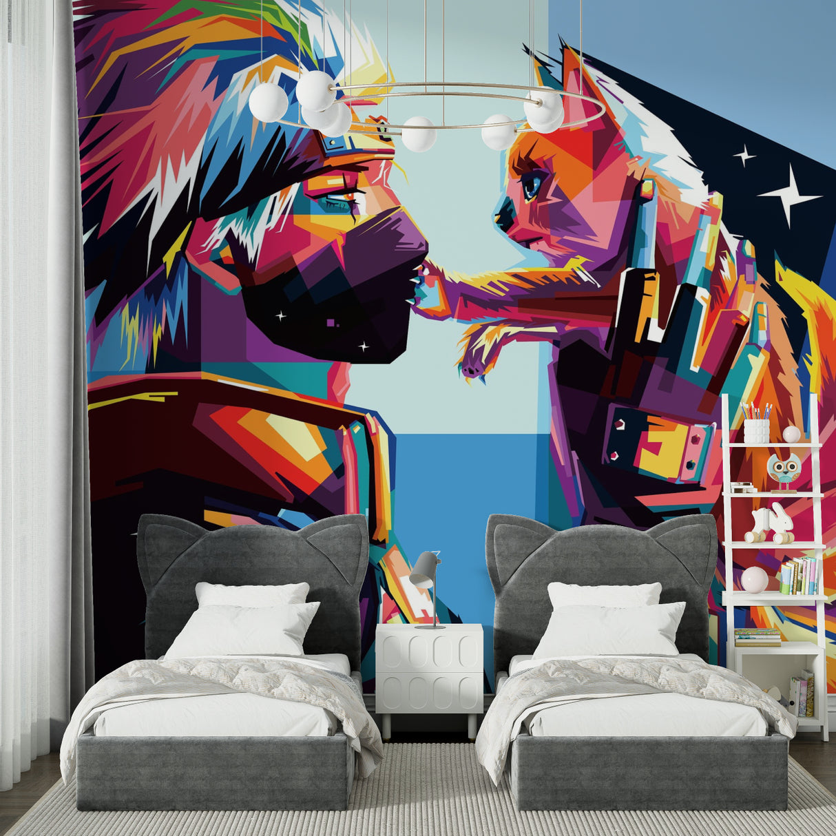 Modern Pop Art Geometric Wallpaper in bright teen bedroom showing vibrant colors and shapes