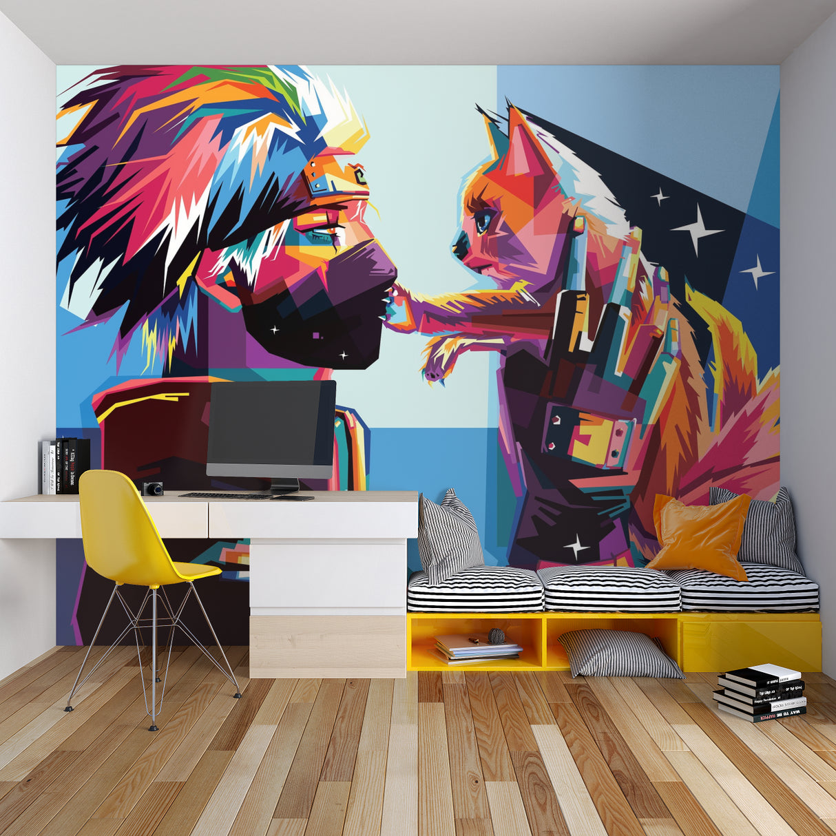 Geometric Pop Art Mural creating stunning accent wall in modern living room