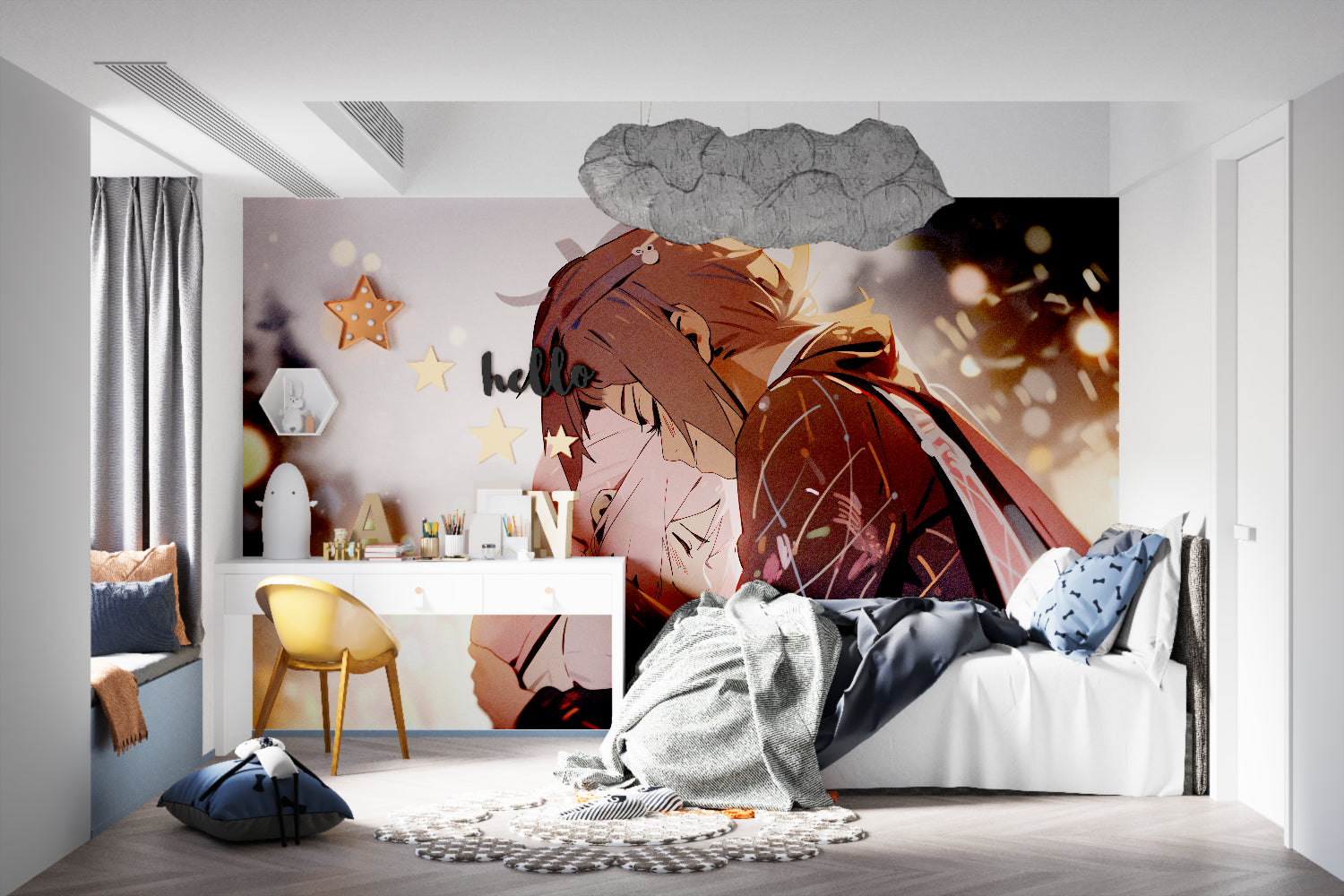 Anime wallpaper mural bringing dynamic energy to a modern teen bedroom with warm copper tones