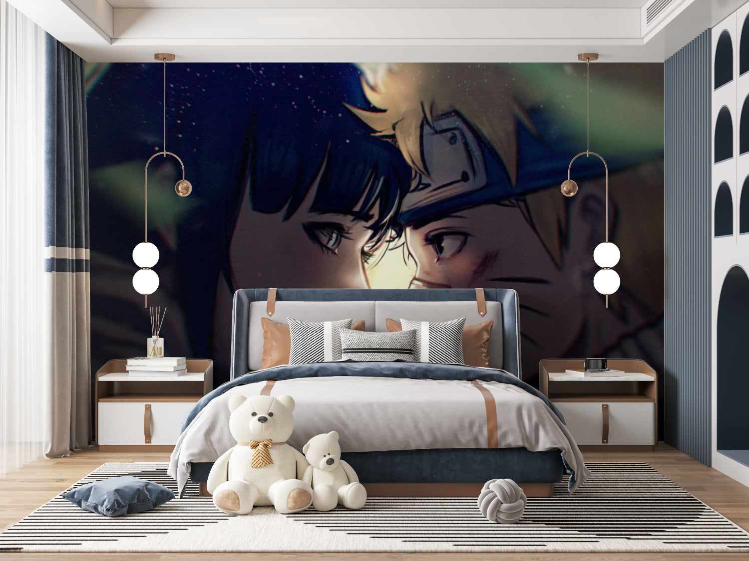 Japanese anime mural transforming a gaming room with ethereal night scene
