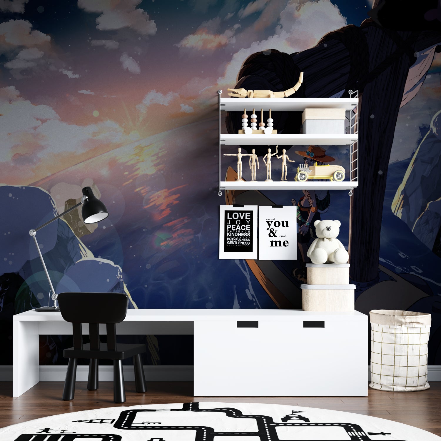 Japanese anime wallpaper transforming a home office into an inspiring creative space