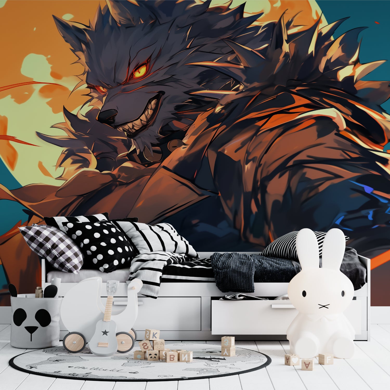 Anime beast wallpaper creating dramatic atmosphere in contemporary home office