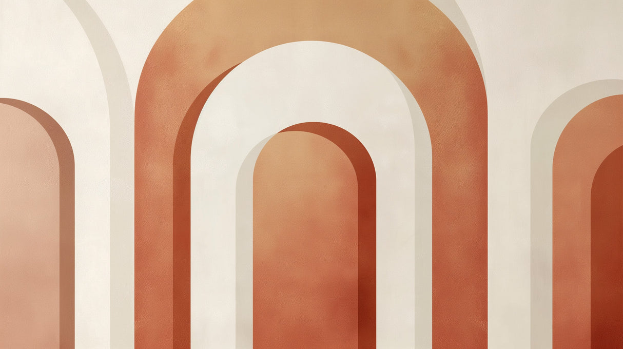 Modern terracotta arch wallpaper creating depth in a minimal Scandinavian living room with natural light