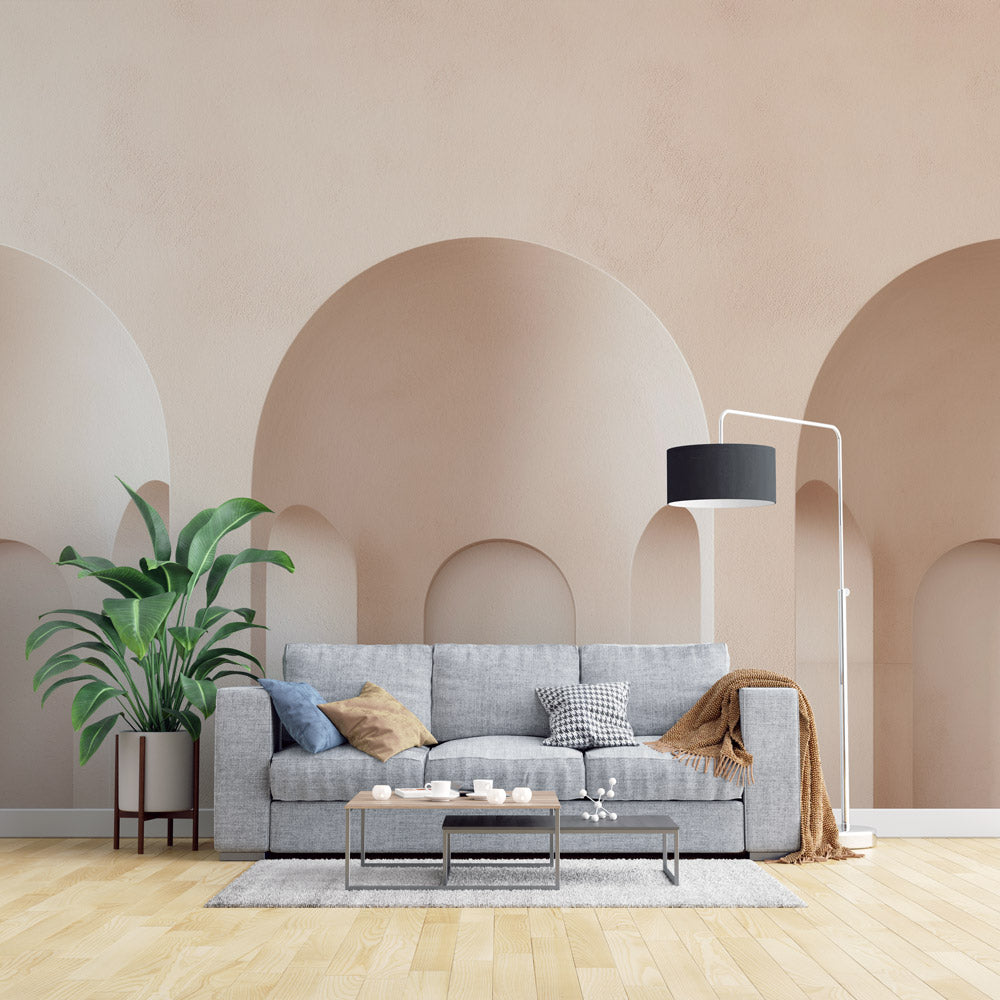 Modern beige arch wallpaper in a bright living room with minimal furniture and large windows showing depth and elegance