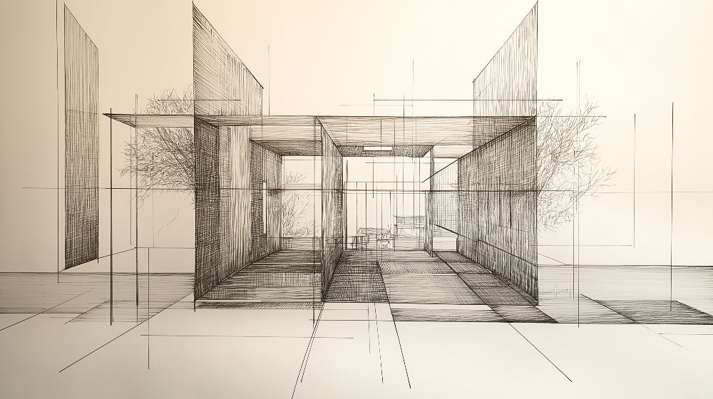 Architectural perspective drawing design file showing detailed black and white geometric pattern