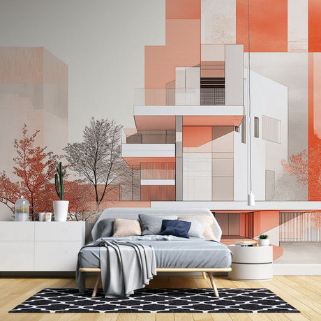 Modern architectural wallpaper in terracotta tones bringing warmth to a minimal living room setting