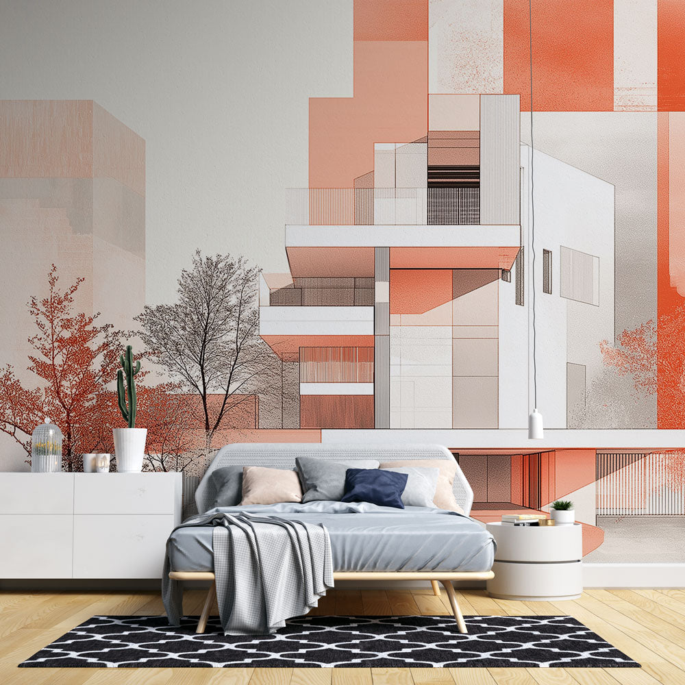 Modern architectural wallpaper in terracotta tones bringing warmth to a minimal living room setting