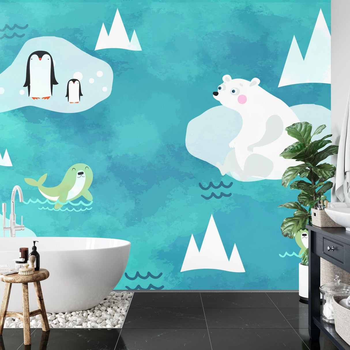 Polar bear wall mural brightening up a kids playroom with natural daylight