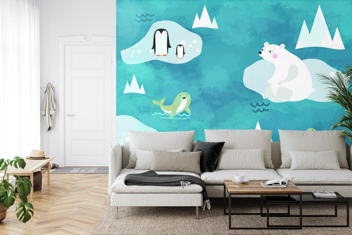 Arctic theme wallpaper in a baby's room with white furniture