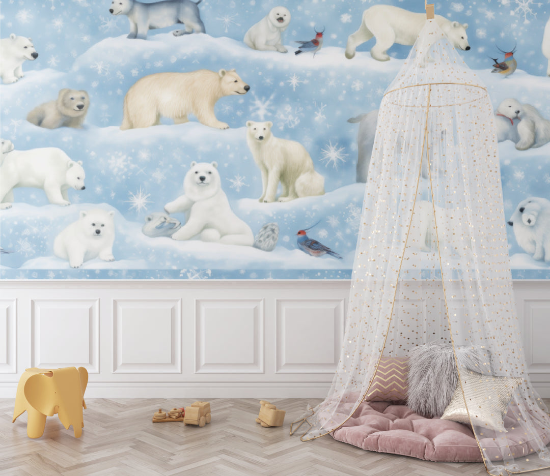 Polar bear wallpaper mural styled in a cozy nursery with white furniture and soft lighting