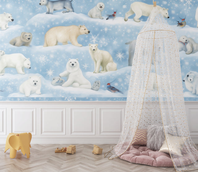 Polar bear wallpaper mural styled in a cozy nursery with white furniture and soft lighting