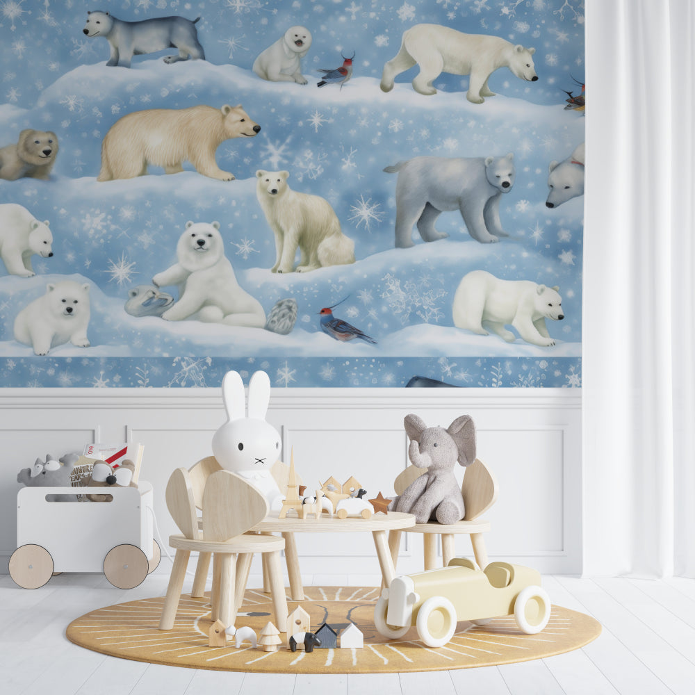 Winter wonderland polar bear wallpaper showcased in a modern playroom setting