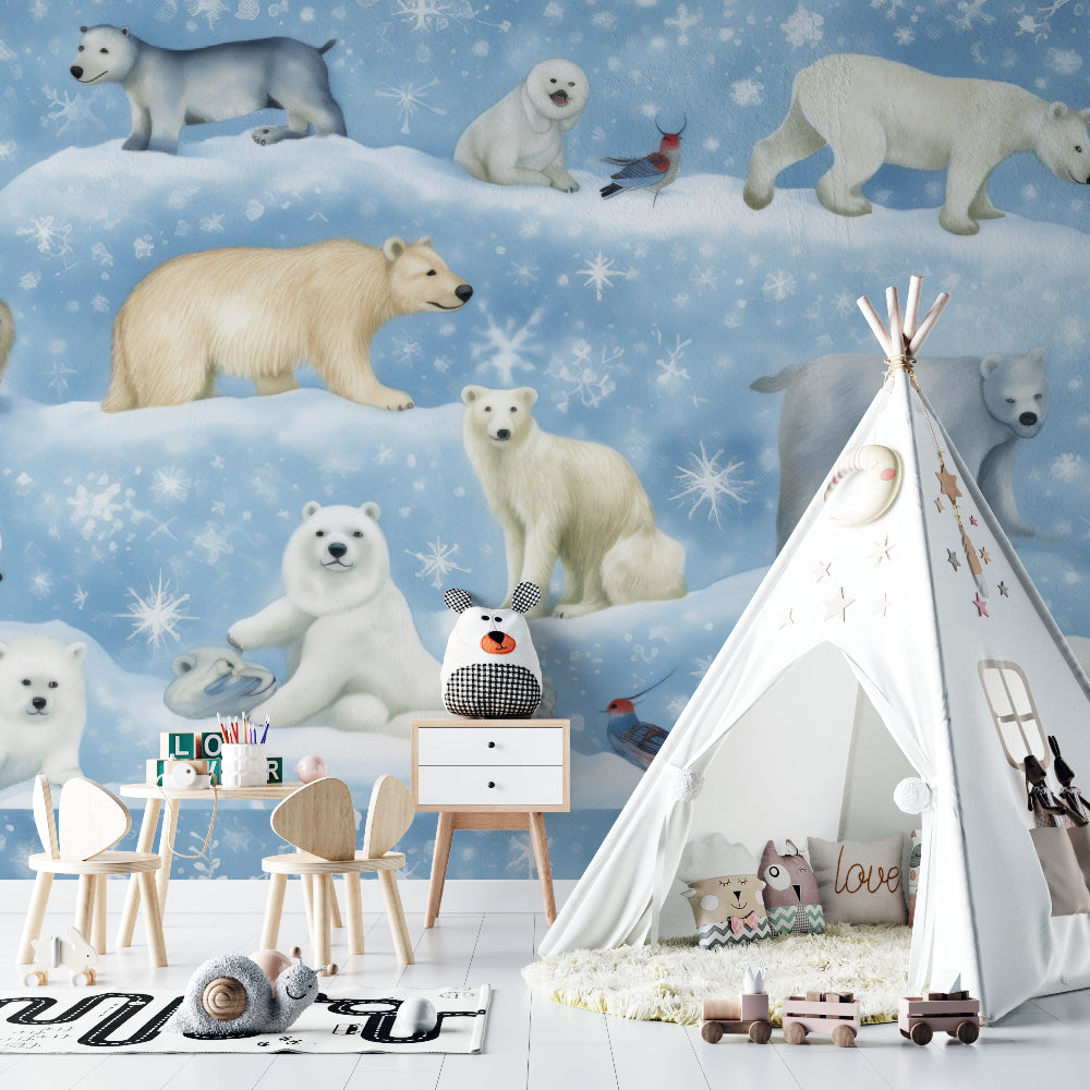 Polar bear mural wallpaper bringing arctic charm to a baby's sleep space