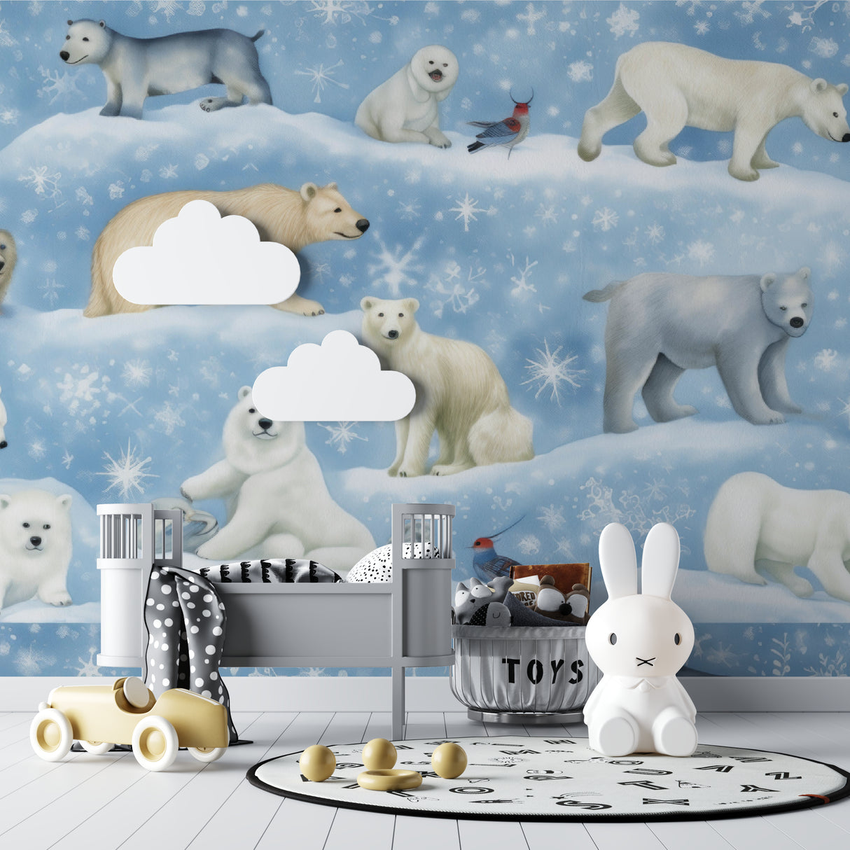 Arctic themed wall mural displayed in a calm bedroom environment