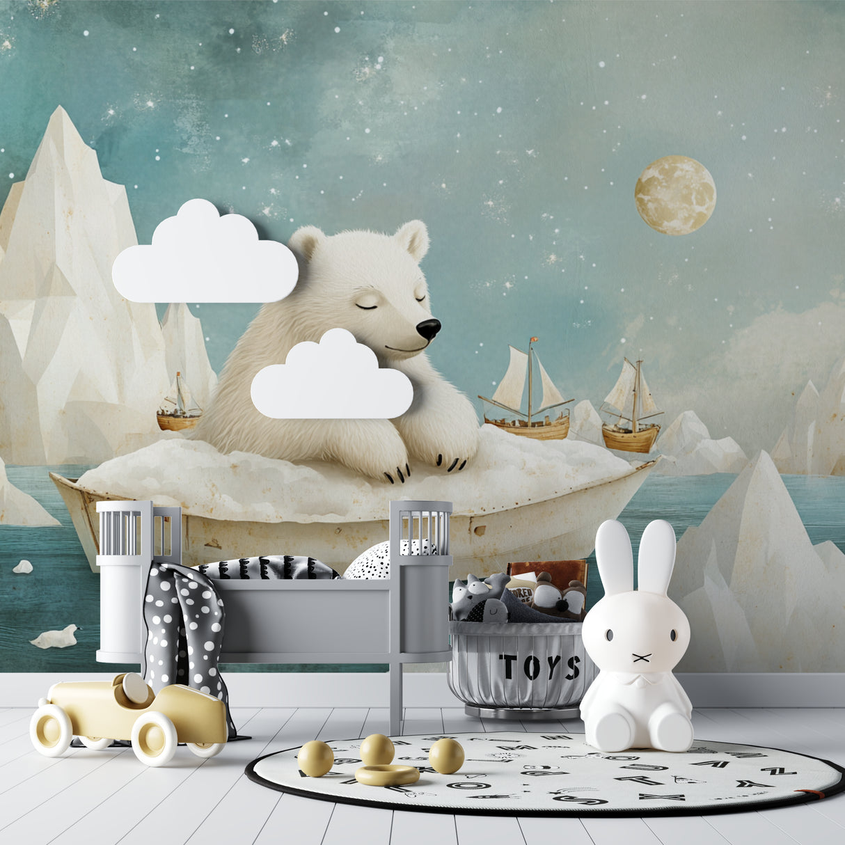 Arctic bear wallpaper in cozy nursery with rocking chair and soft lighting