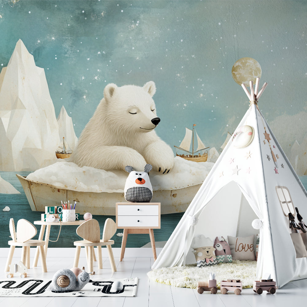 Polar bear mural creating magic in kids bedroom with reading nook