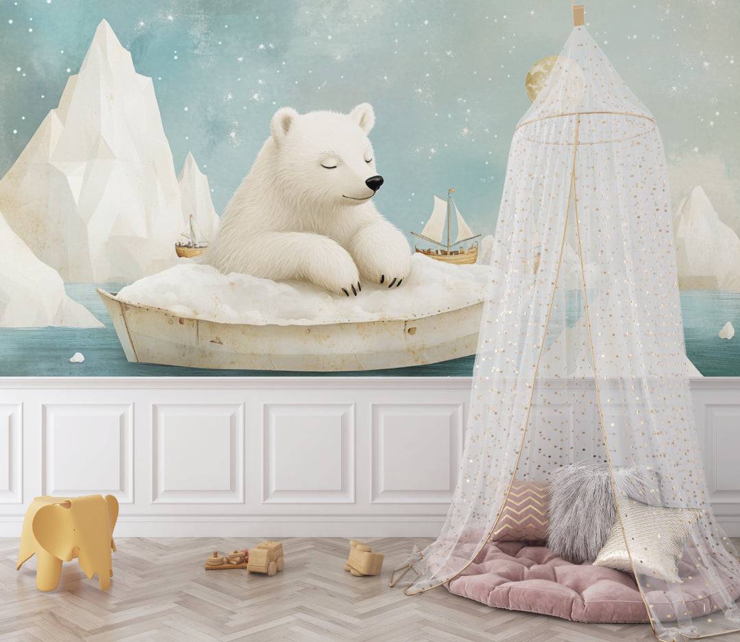 Dreamy polar bear wallpaper in Scandinavian style children's room
