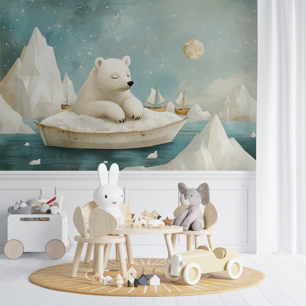 Arctic mural bringing adventure to baby's nursery with white furniture