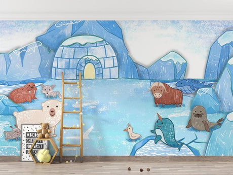 Arctic animals wallpaper displayed in a bright nursery, showing playful polar bears and arctic friends around an igloo