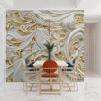 White and gold Art Deco wallpaper in bright modern dining room with crystal chandelier