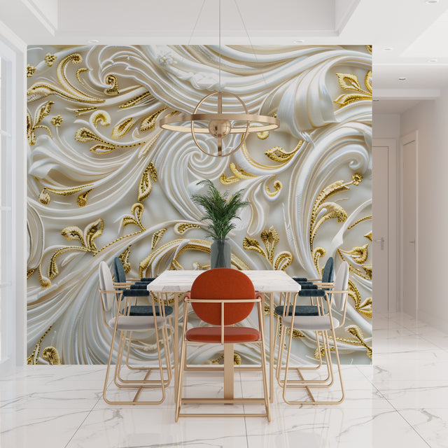 White and gold Art Deco wallpaper in bright modern dining room with crystal chandelier