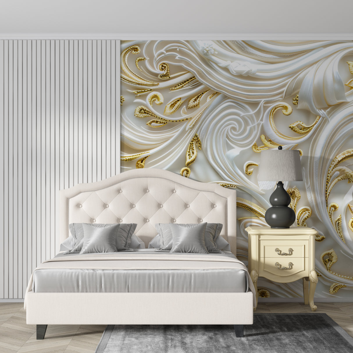 3D white and gold swirl wallpaper in master bedroom with morning light