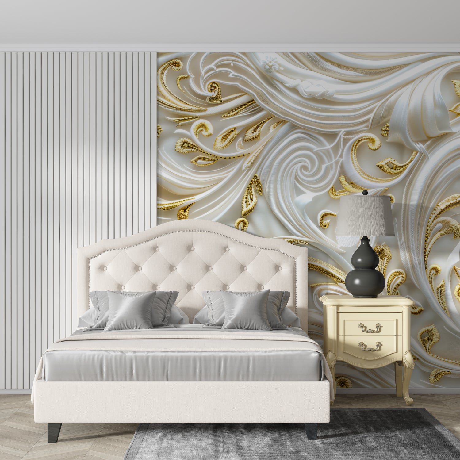 3D white and gold swirl wallpaper in master bedroom with morning light