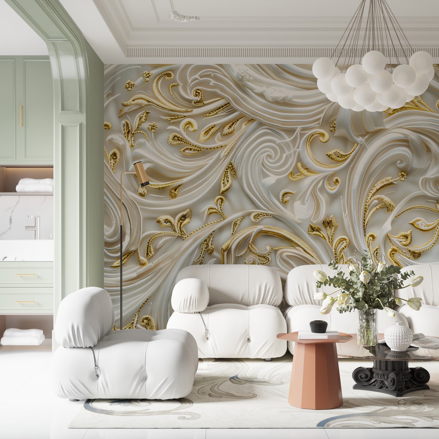 Art Deco white gold wallpaper in hotel lobby with modern furniture