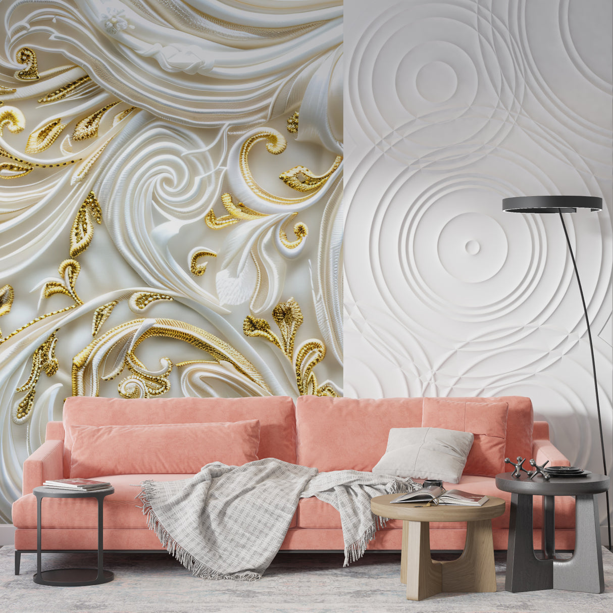 3D Art Deco wallpaper detail in luxury bathroom with gold fixtures