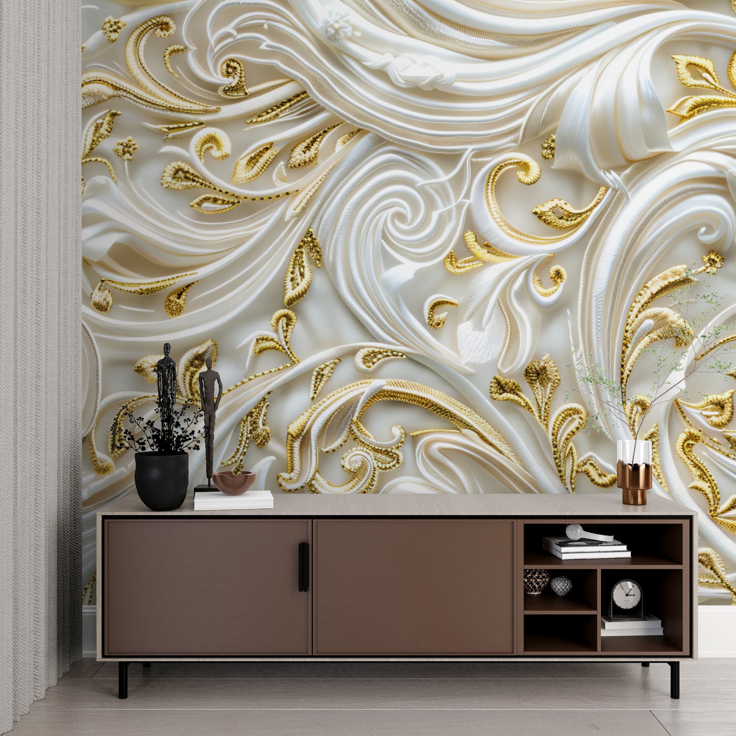 White and gold swirl pattern in home office with afternoon shadows