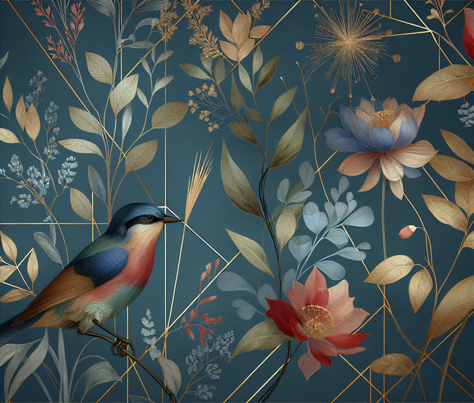Art deco botanical bird design file featuring golden geometric patterns and delicate floral elements