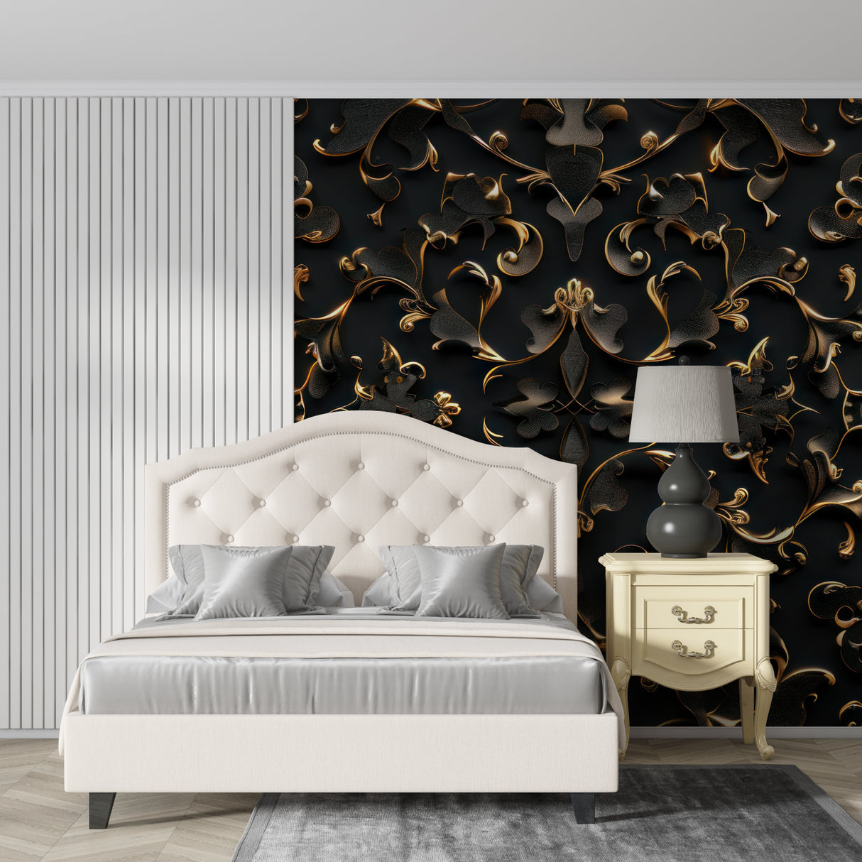 Black and gold baroque wallpaper in modern living room creating dramatic accent wall