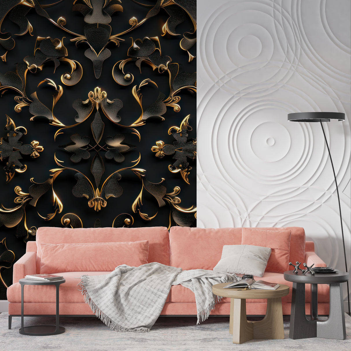 Art deco wall mural showcased in luxury dining room with gold accents