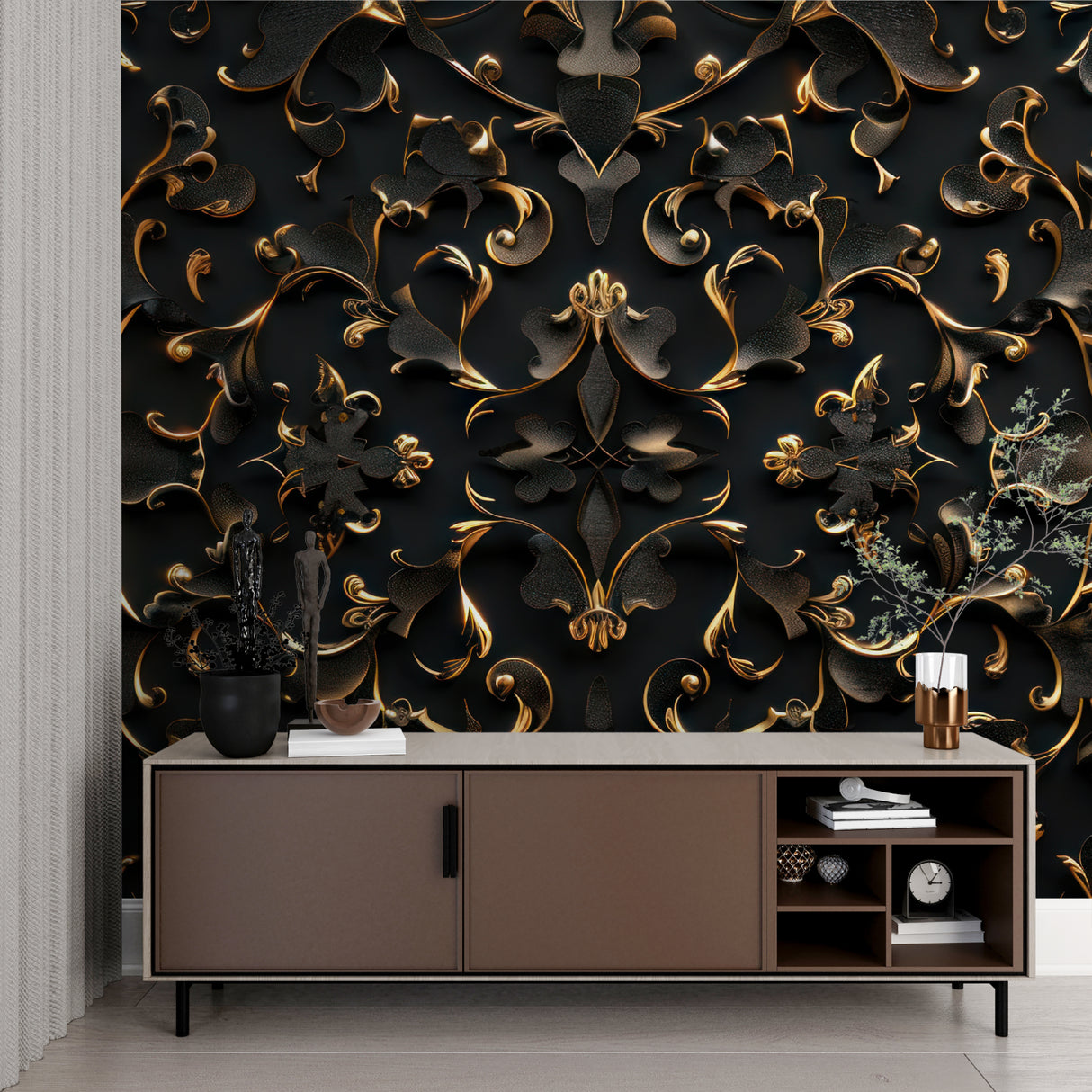 Baroque pattern wallpaper adding elegance to master bedroom feature wall