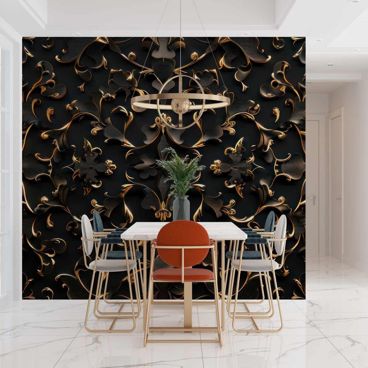 Black and gold art deco wallpaper in home office setting with modern furniture