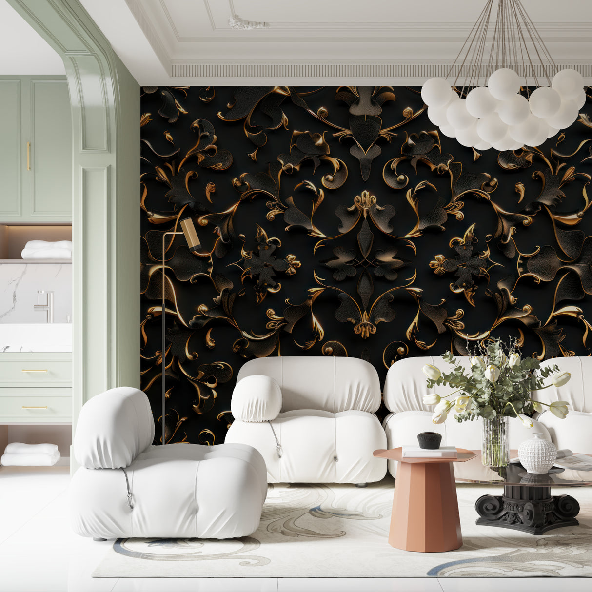 Baroque wallpaper pattern creating luxury atmosphere in hotel lobby