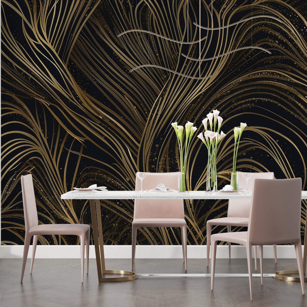 Black and gold art deco wallpaper in modern dining room with crystal chandelier