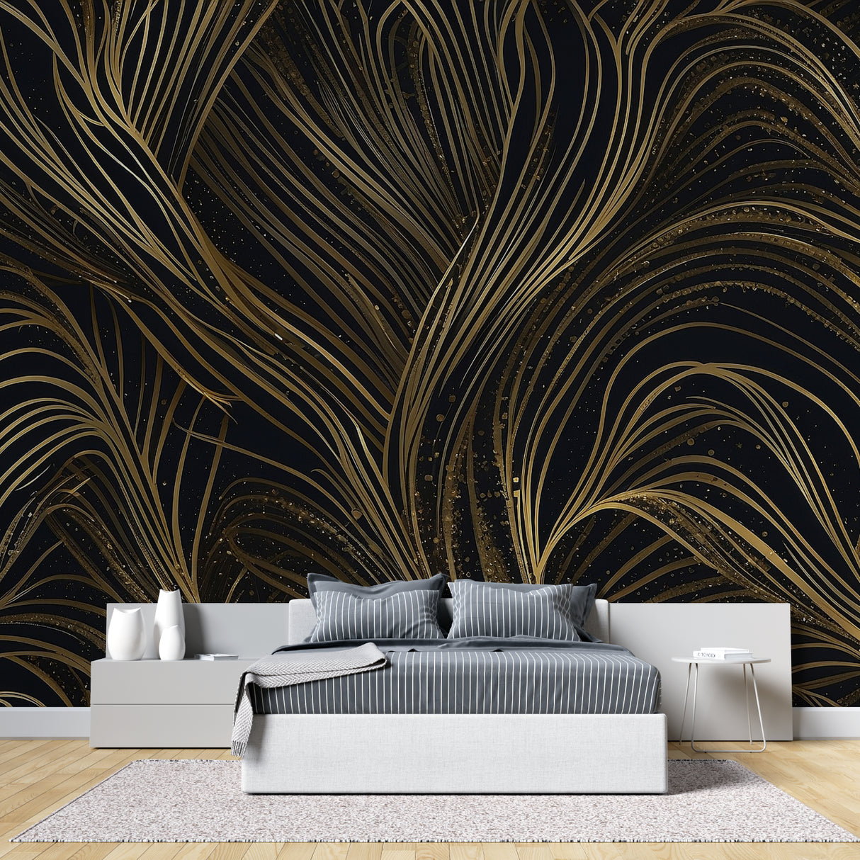 Art deco curved pattern wallpaper in luxury master bedroom setting