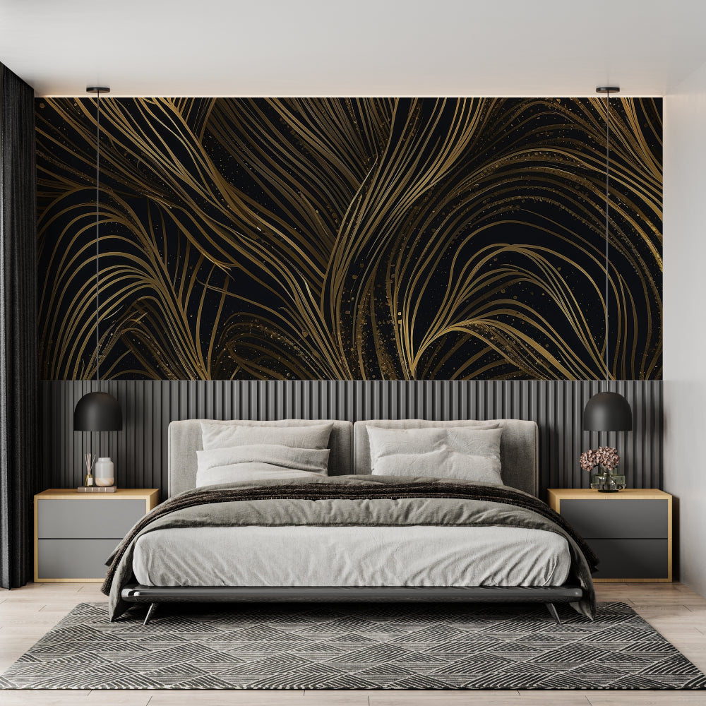Geometric black and gold wallpaper in contemporary living room space