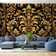 Black and gold damask wallpaper creating a stunning accent wall in a modern dining room with crystal chandelier