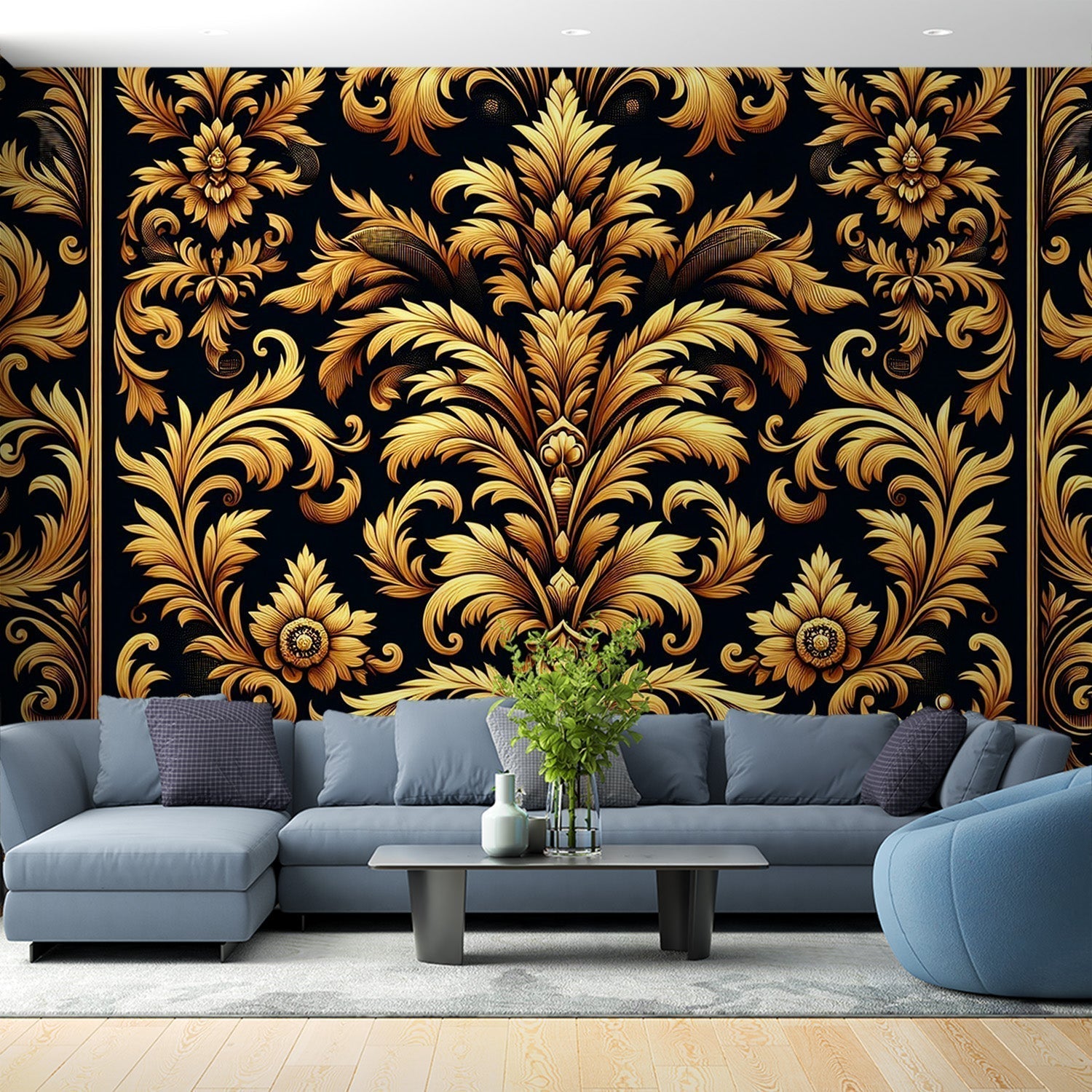 Black and gold damask wallpaper creating a stunning accent wall in a modern dining room with crystal chandelier