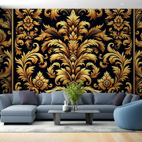 Black and gold damask wallpaper creating a stunning accent wall in a modern dining room with crystal chandelier