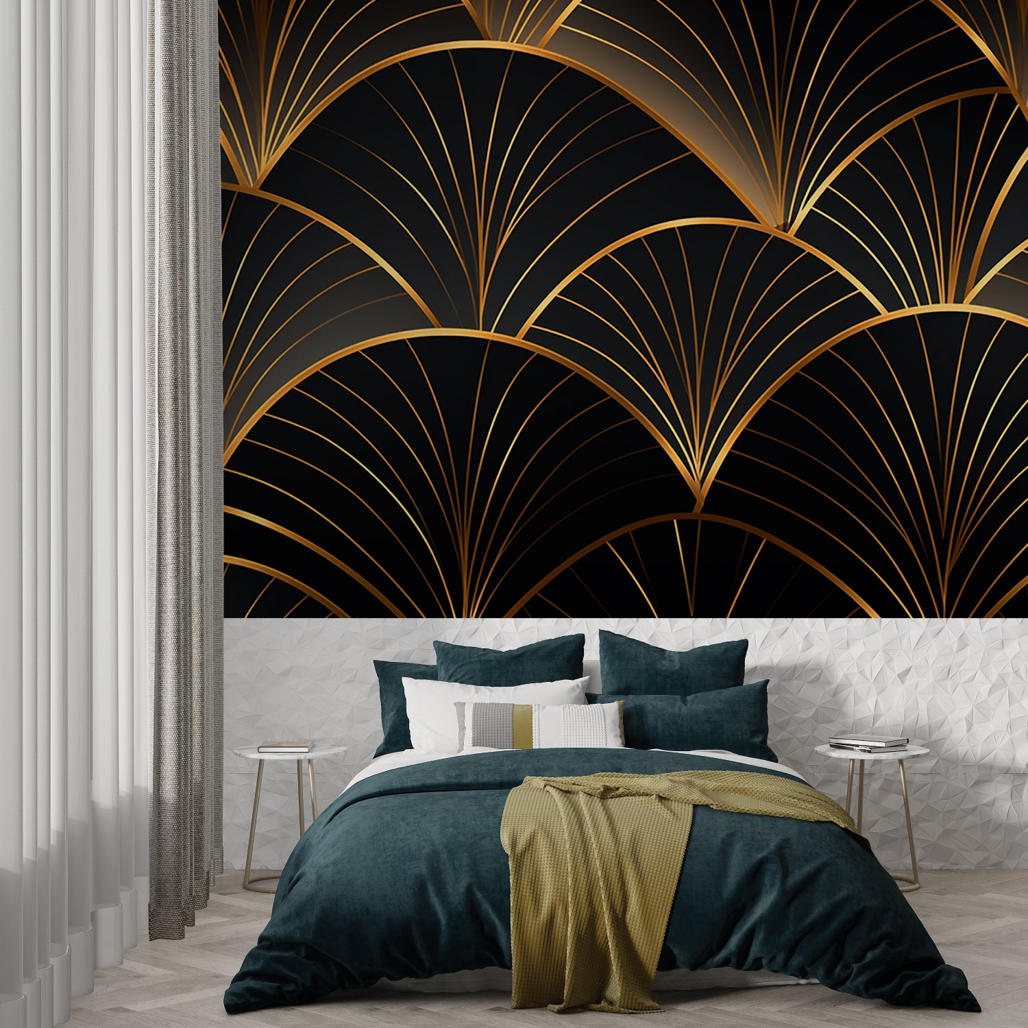 Black and gold geometric wallpaper creating drama in master bedroom
