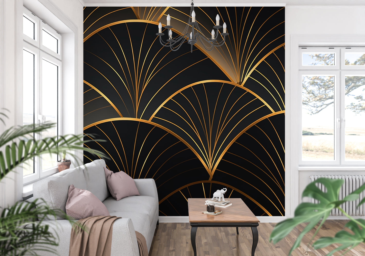 Gold geometric pattern on black backdrop in contemporary living room