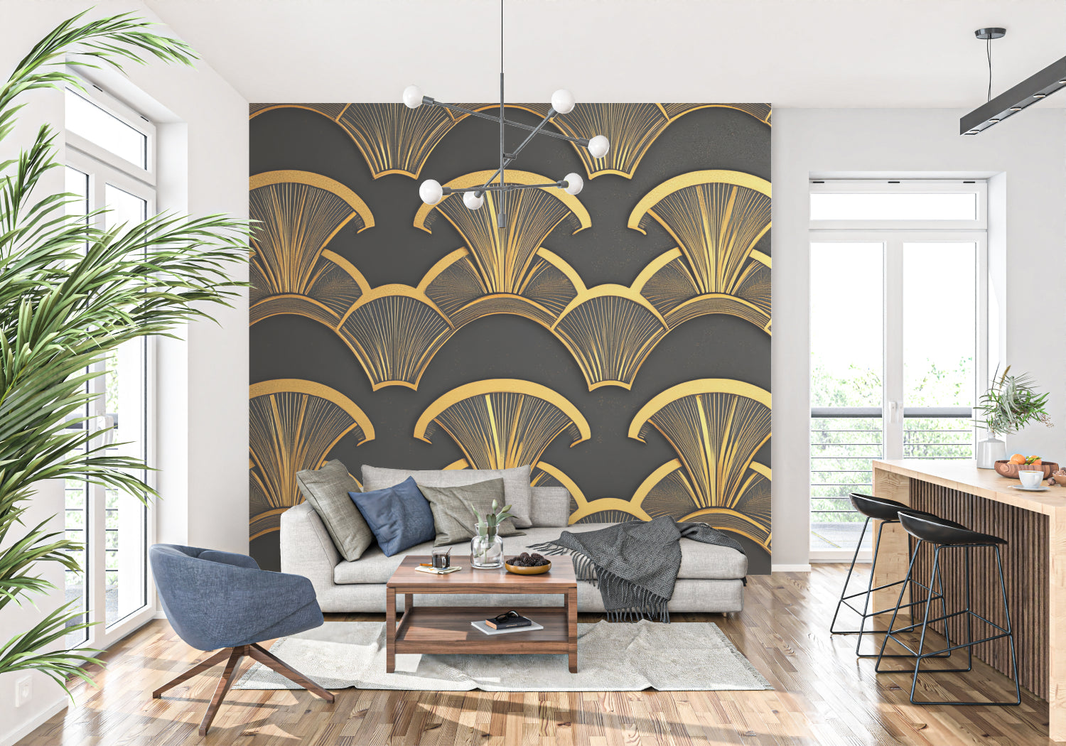 Art deco wall mural transforming hotel-style bathroom with gold fixtures